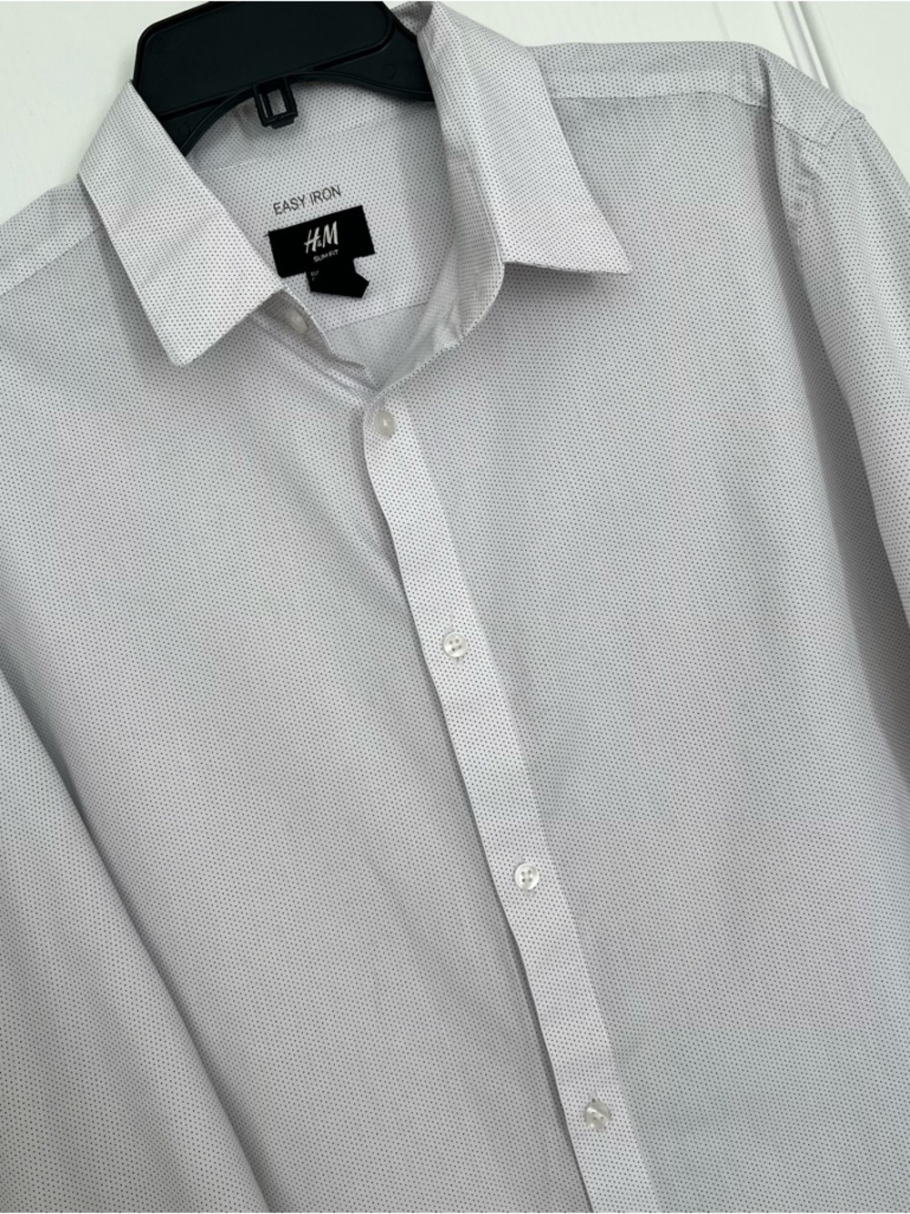 H&M Men's White Dotted Micro-Pattern Dress Shirt Slim Fit Easy Iron Professional